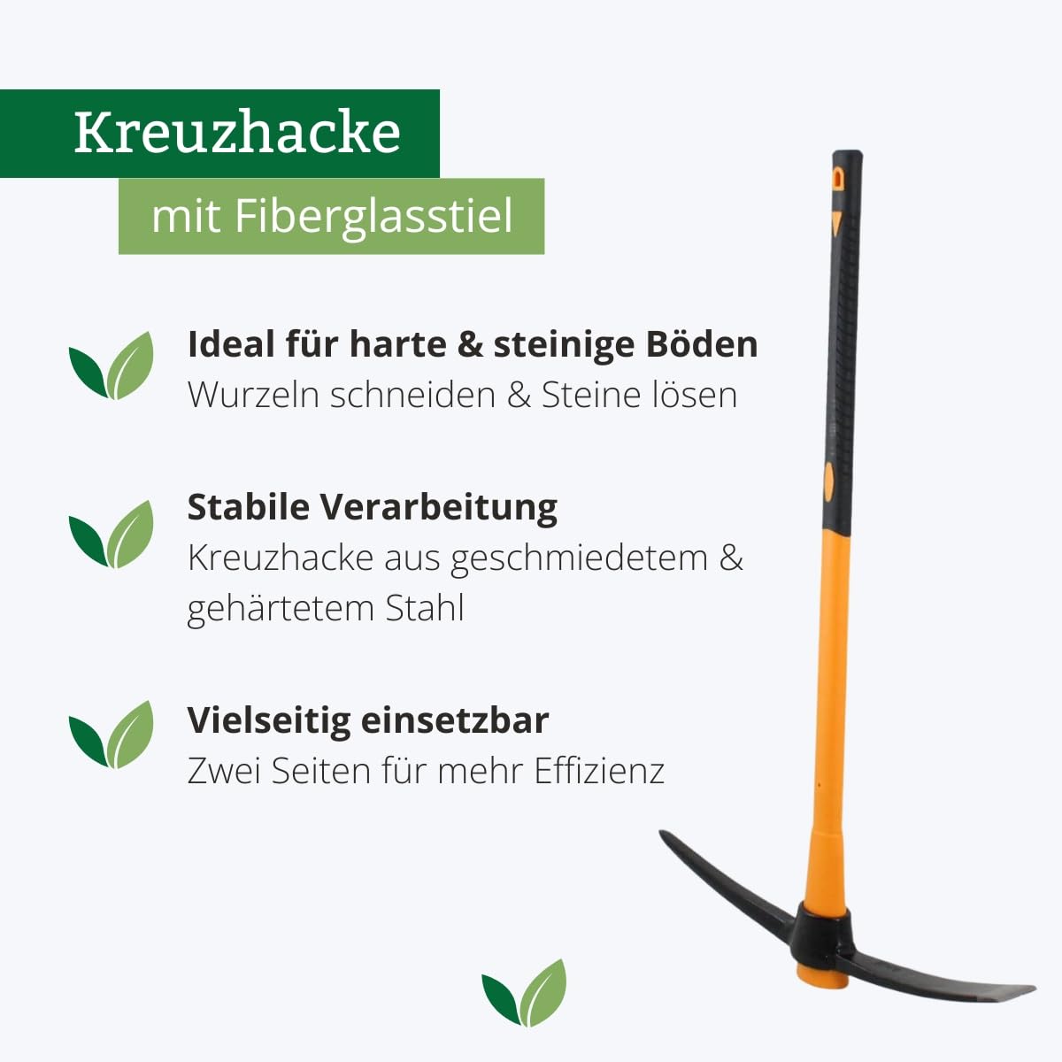 Kreuzhacke 2,5 kg aus gehärtetem & geschmiedetem Stahl | Stabiler Fiberglasstiel 90 cm | Spitzhacke & Flachhacke für Harte, steinige Böden | Wurzeln schneiden, Erde lockern, Gartenhacke