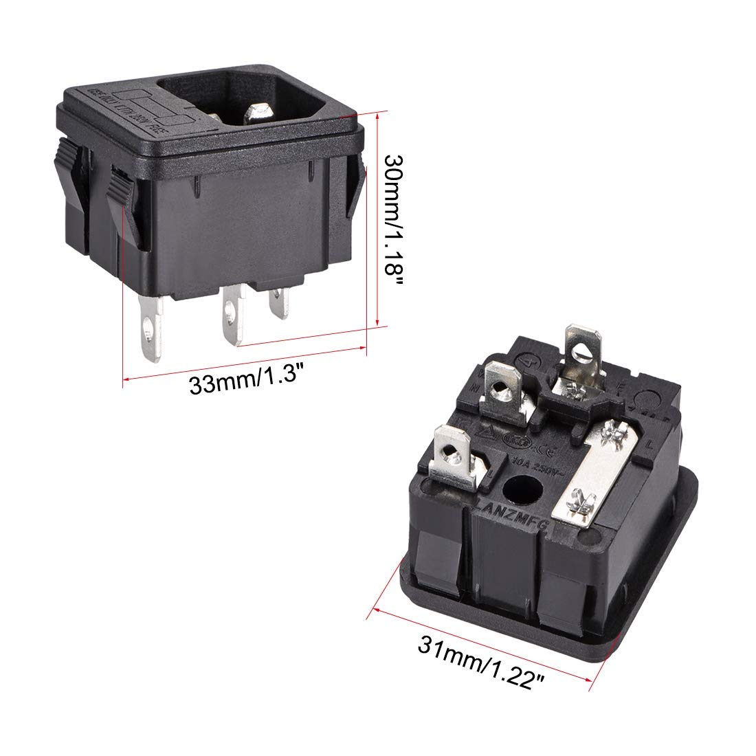 N/A C14 - Adattatore di Presa di Montaggio su Pannello AC 250 V, 10 A, 3 Pin, Presa IEC Dritta, 1 Pezzo