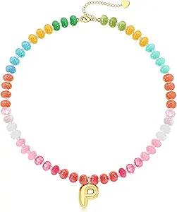 Initial Necklaces for Women, Beaded Necklaces for Women with Bubble Necklace Letter Stocking Stuffers for Teens Trendy Stuff Colorful Gemstone Choker 14k Gold Letter A-Z Pendant Summer Beach Christmas Birthday Jewelry for Her Girlfriend Sister