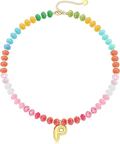 Initial Necklaces for Women, Beaded Necklaces for Women with Bubble Necklace Letter Stocking Stuffers for Teens Trendy Stuff Colorful Gemstone Choker 14k Gold Letter A-Z Pendant Summer Beach Christmas Birthday Jewelry for Her Girlfriend Sister