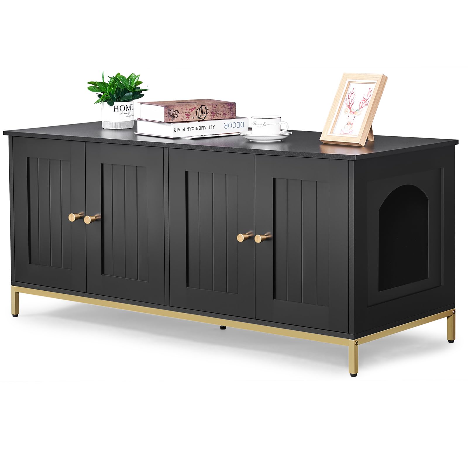 Homhedy Cat Litter Box Enclosure for 2 Cats, Cat Washroom Furniture with Double Room, Pet House with Metal Frame, 47.2”L x 17.7”W x 21.7”H, Black and Gold