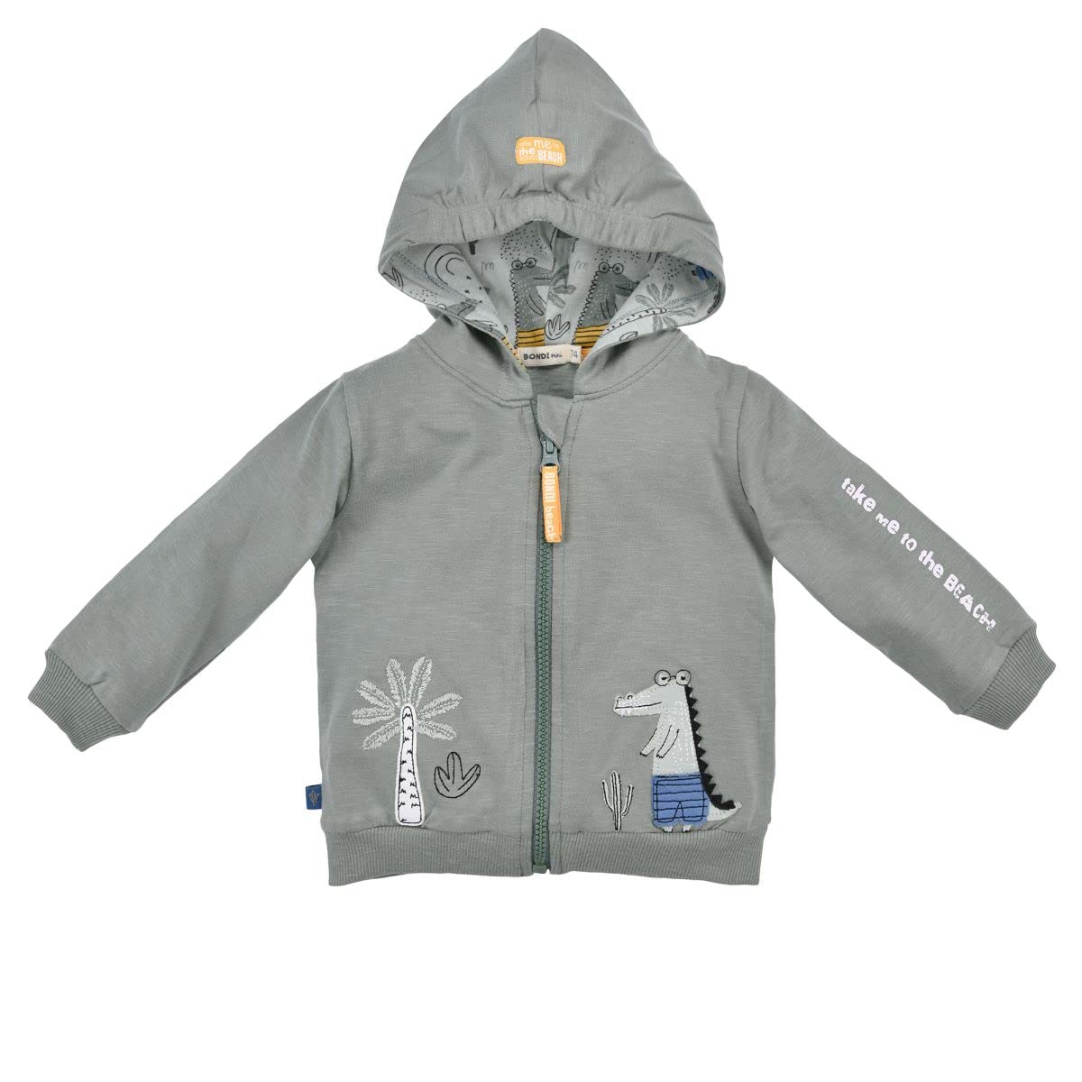 BONDI Kapuzenjacke Beach, Baby Jacke, moos-olive, Motiv Krokodil und Palme gestickt mit Anhänger, YKK Reißverschluß und Kapuze, Made in Germany