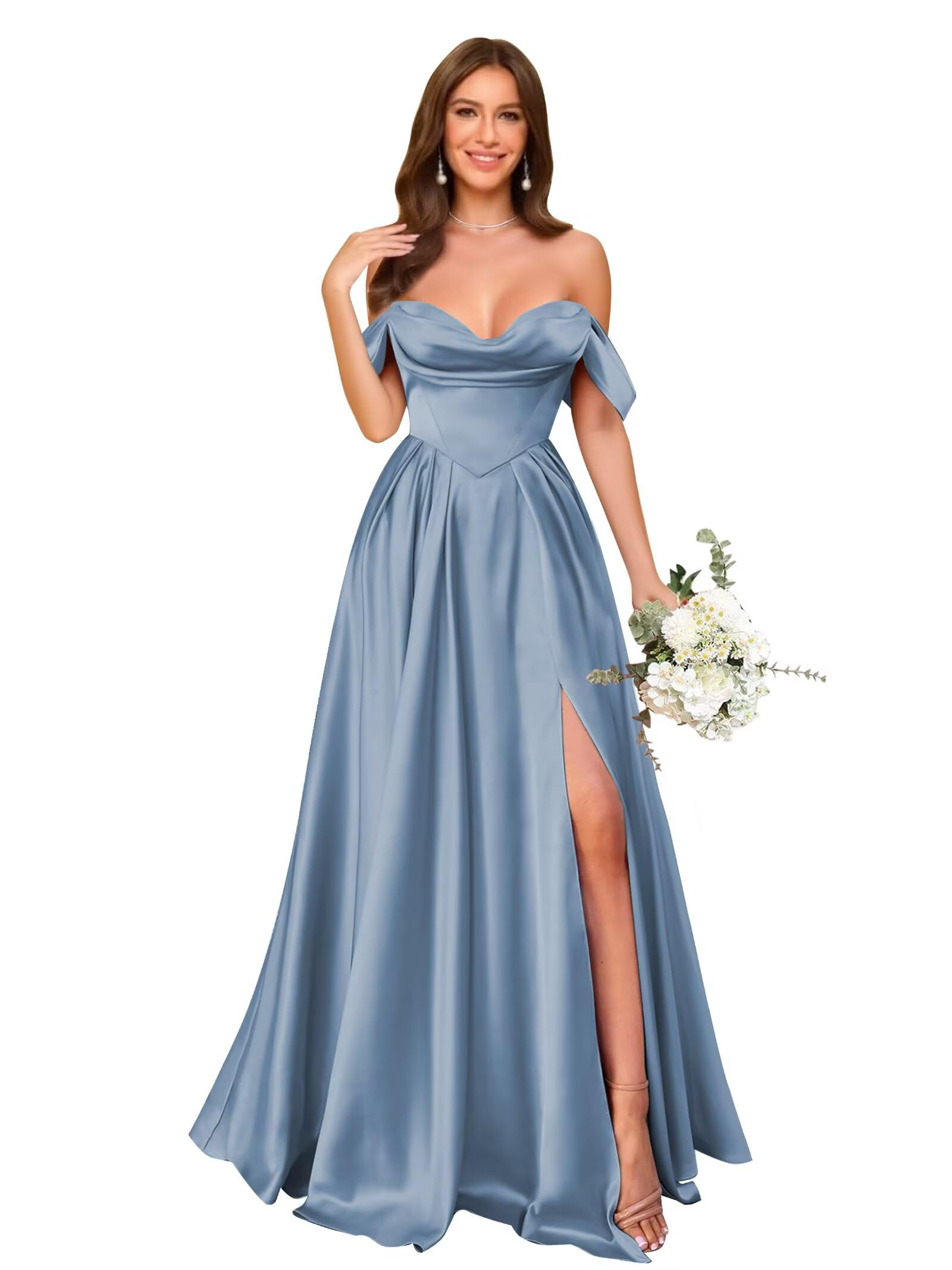 homdor Off Shoulder Satin Bridesmaid Dresses Long Pleated Formal Dresses A Line Evening Gowns with Slit