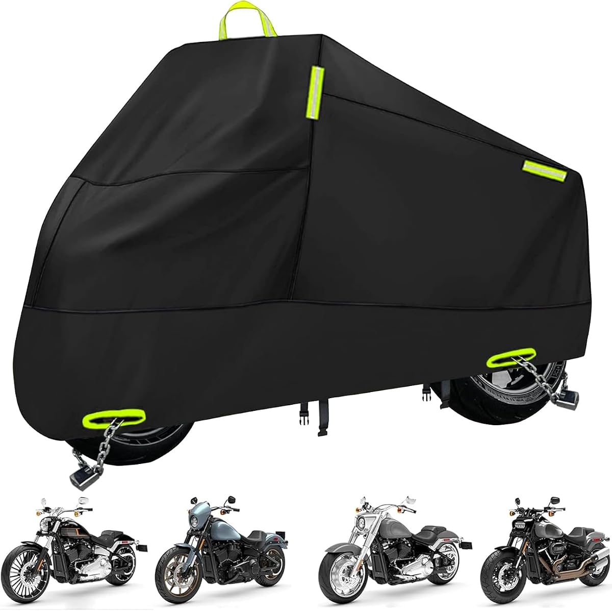 Motorcycle Cover Waterproof Outdoor Heavy Duty Motorcycle Cover All Weather Rain Sun UV Protection with Lock-Holes Motorcycle Tarp with Night Reflective Strips & Storage Bag Fits up to 86.6"