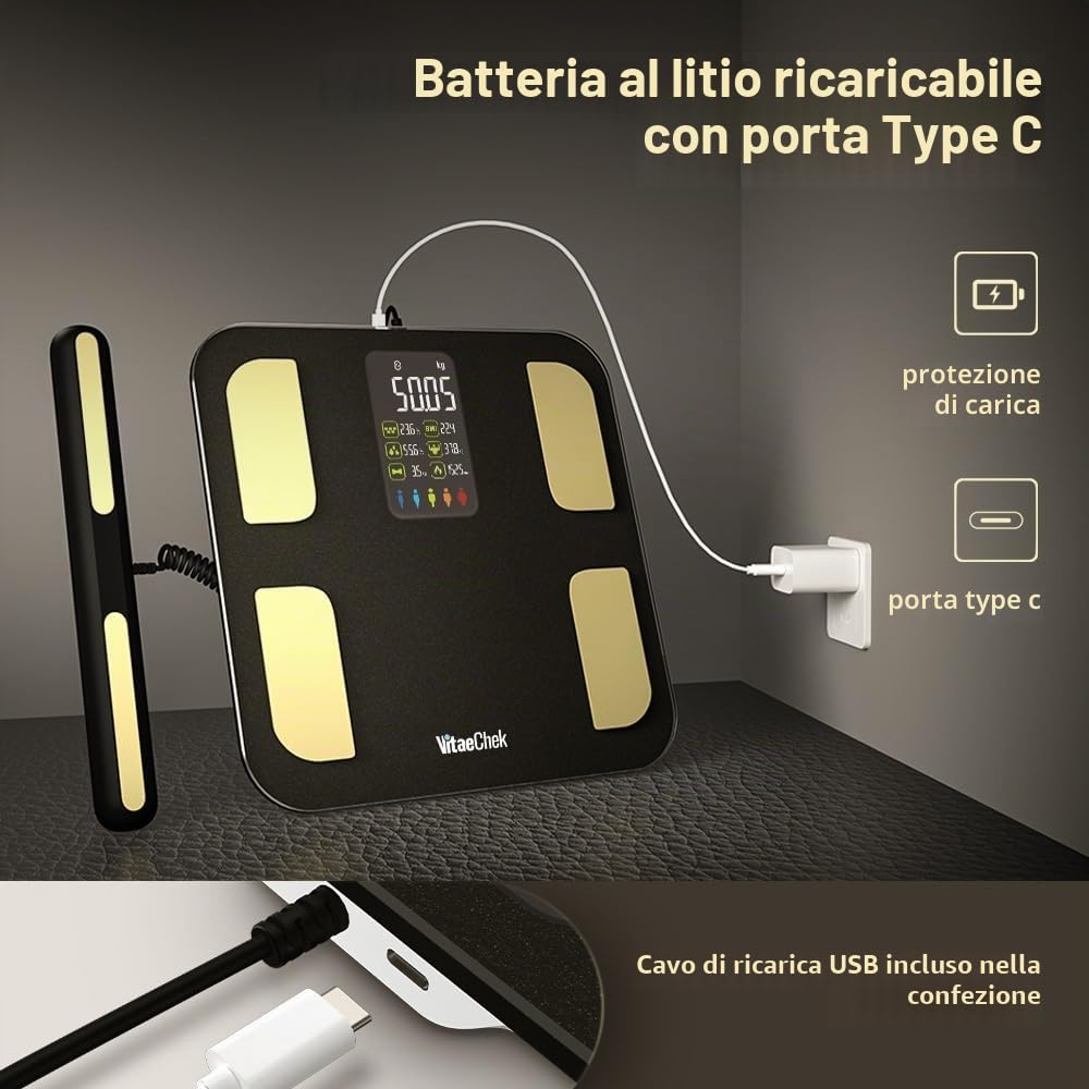 Bilance intelligenti per grasso corporeo VitaeChek - Bilancia connessa Bluetooth 8 elettrodi - Alta precisione con app inclusa - 18 parametri sanitari - BMI, monitoraggio della massa muscolare e ossea
