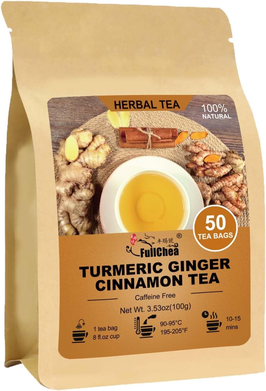 FullChea - Turmeric Ginger Cinnamon Tea Bags, 50 Count, 2g/bag - Premium Turmeric, Ginger, Cinnamon - Non-GMO - Caffeine-free - Aid Digestion & Boost Immunity