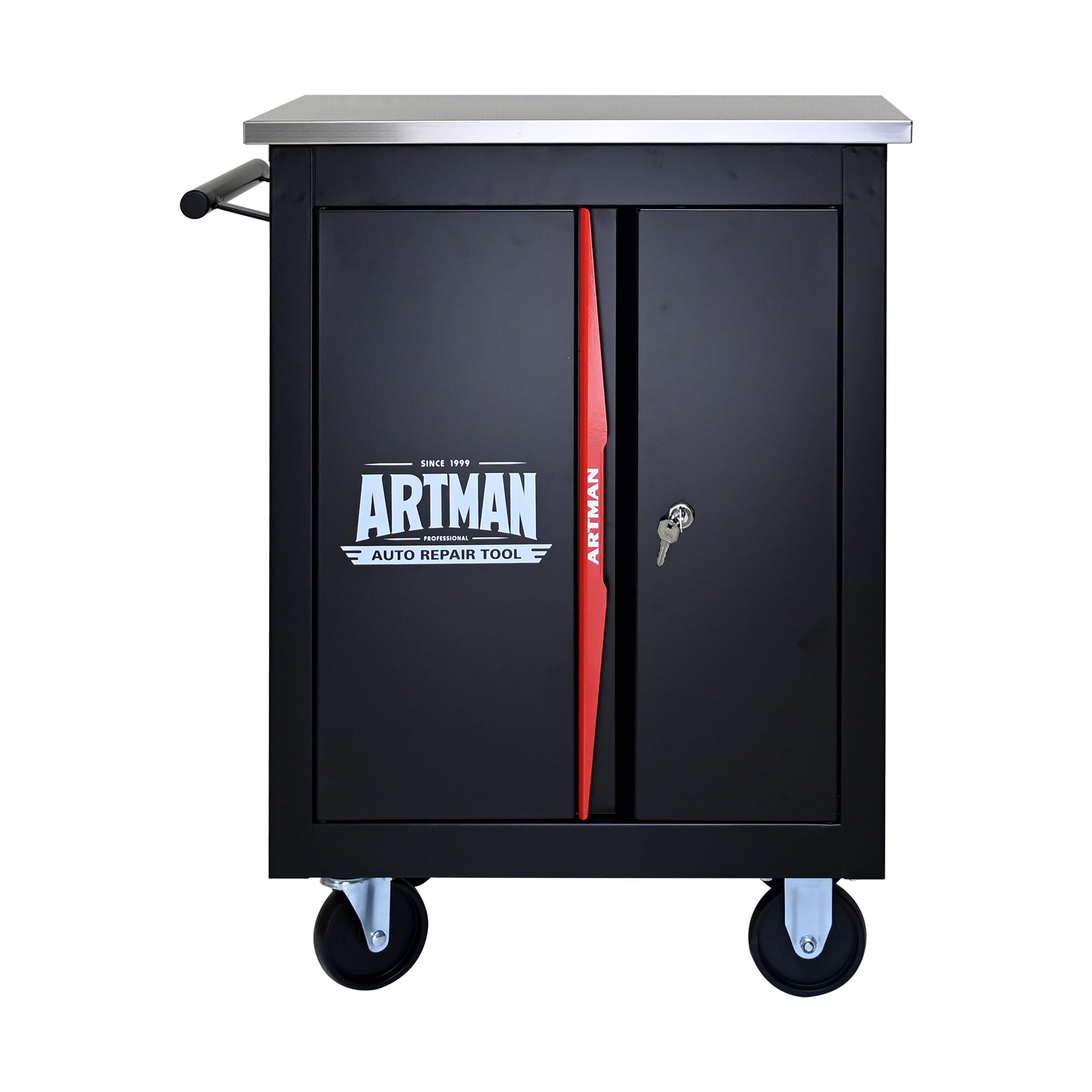 2-Door 2-Shelf Clapboard Tool Cart on Wheels, Multifunctional Rolling Tool Chest,Lockable Tool Trolley Tool Case with Storage Box for Garage,Warehouse, Workshop (Black+Red)