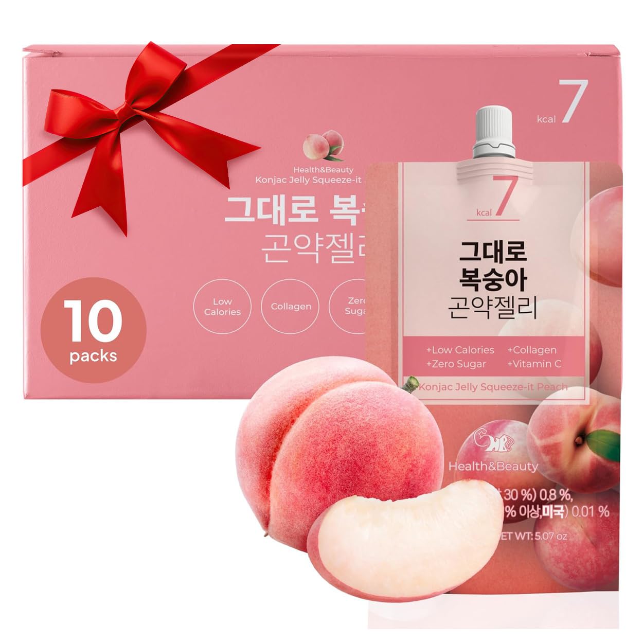 Korean Food Low Calories Squeeze Konjac Jelly, Peach Flavor, Fish Collagen, Vitamin, Zero Sugar, Chewier Texture, Health&Beauty (Net WT 5.07 oz, Pack
