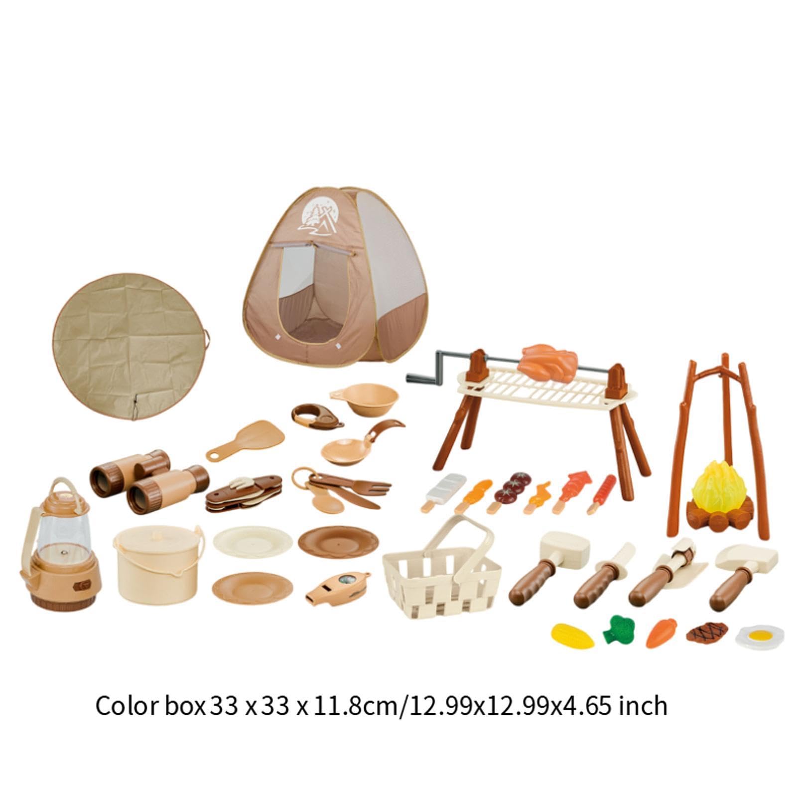 Almencla 35 Stück Kinder Camping Spielzeug Set mit Spielzelt Abenteuer Grill Lagerfeuer Kochutensilien Aus PP Material für Camping Indoor Outdoor Rollenspiel, 43 Stück