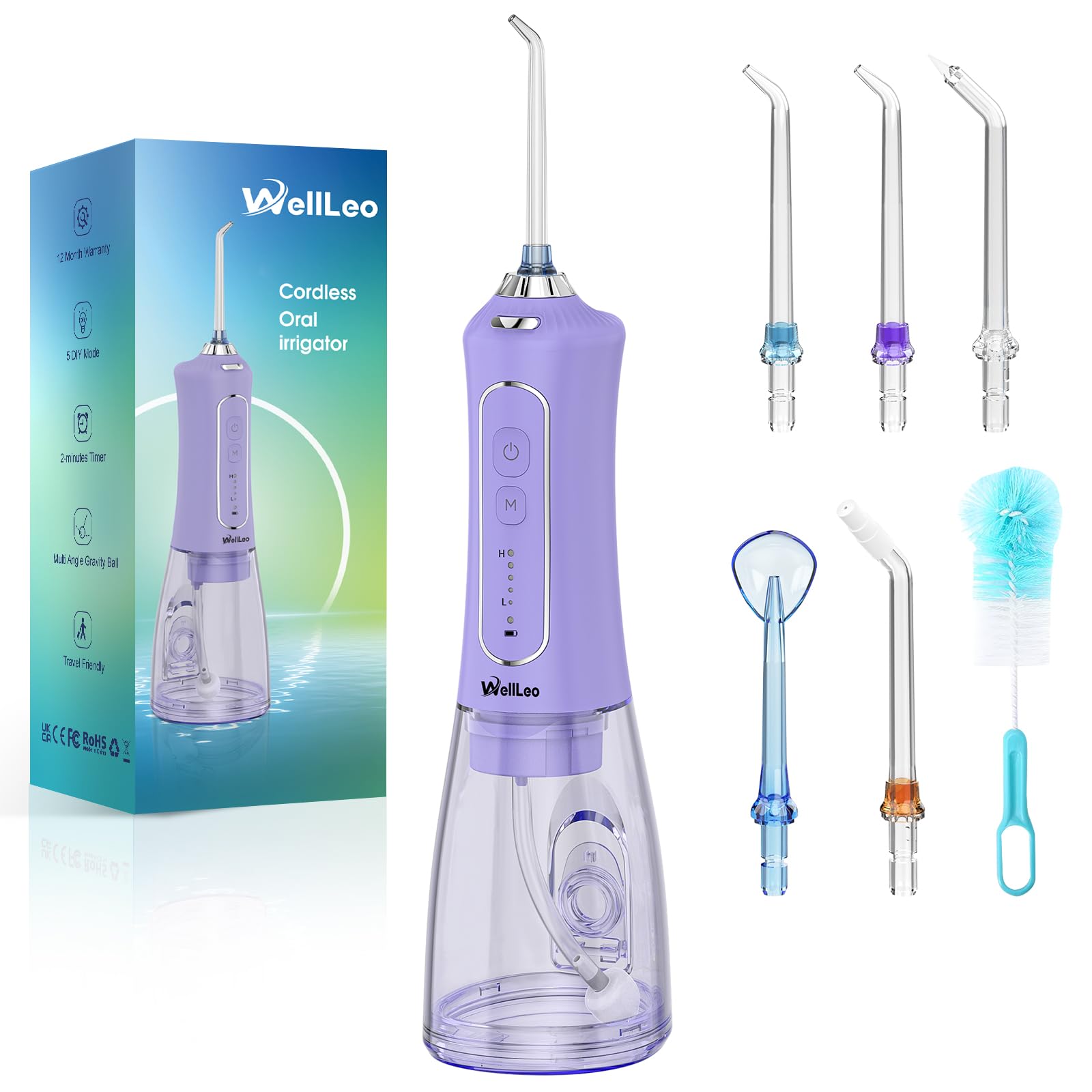 WellLeo Idropulsore per denti, 300 ml, senza fili, ricaricabile, con 5 modalità, 5 punte a getto, IPX7, impermeabile, per la cura delle gengive, uso domestico e in viaggio