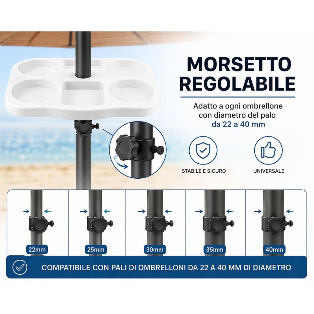 Tavolino Porta Oggetti per Ombrellone 35x35 cm – Tavolo Universale con Morsetto Regolabile 22-40 mm