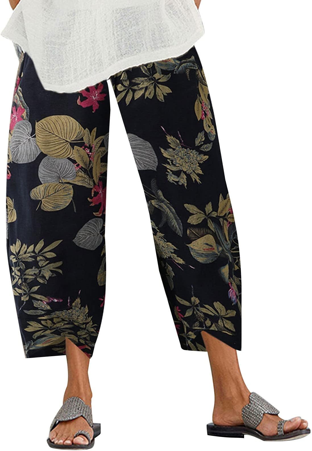 Women Leggings Tummy Control Women's Vintage Print Loose Pants Elastic Waist Capri Casual Pants Casual Fashion Women