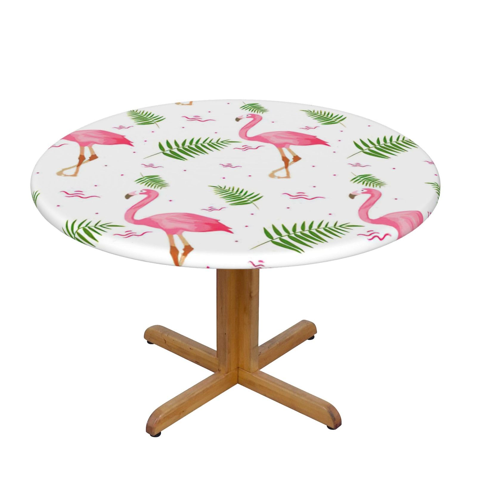 DUWAA White Flamingo Print Oxford Fitted Table Cover For Patio Picnic, Waterproof Round Tablecloth For Home And Outdoor