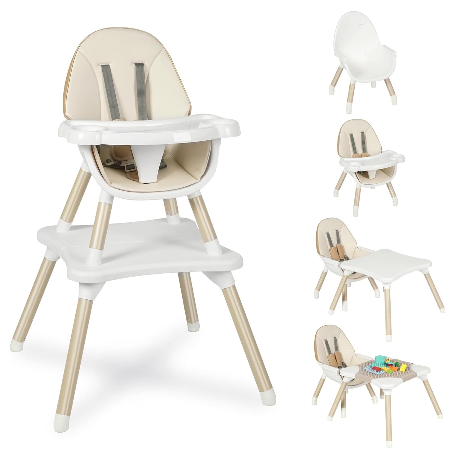 Baby Highchair,6 in 1 High Chairs for Babies and Toddler Baby Feeding Chair Coverts to HighChair for Baby, Kids Learning Table,Building Block Table,Kids Stool Removable Tray & Safety Harness(Beige)