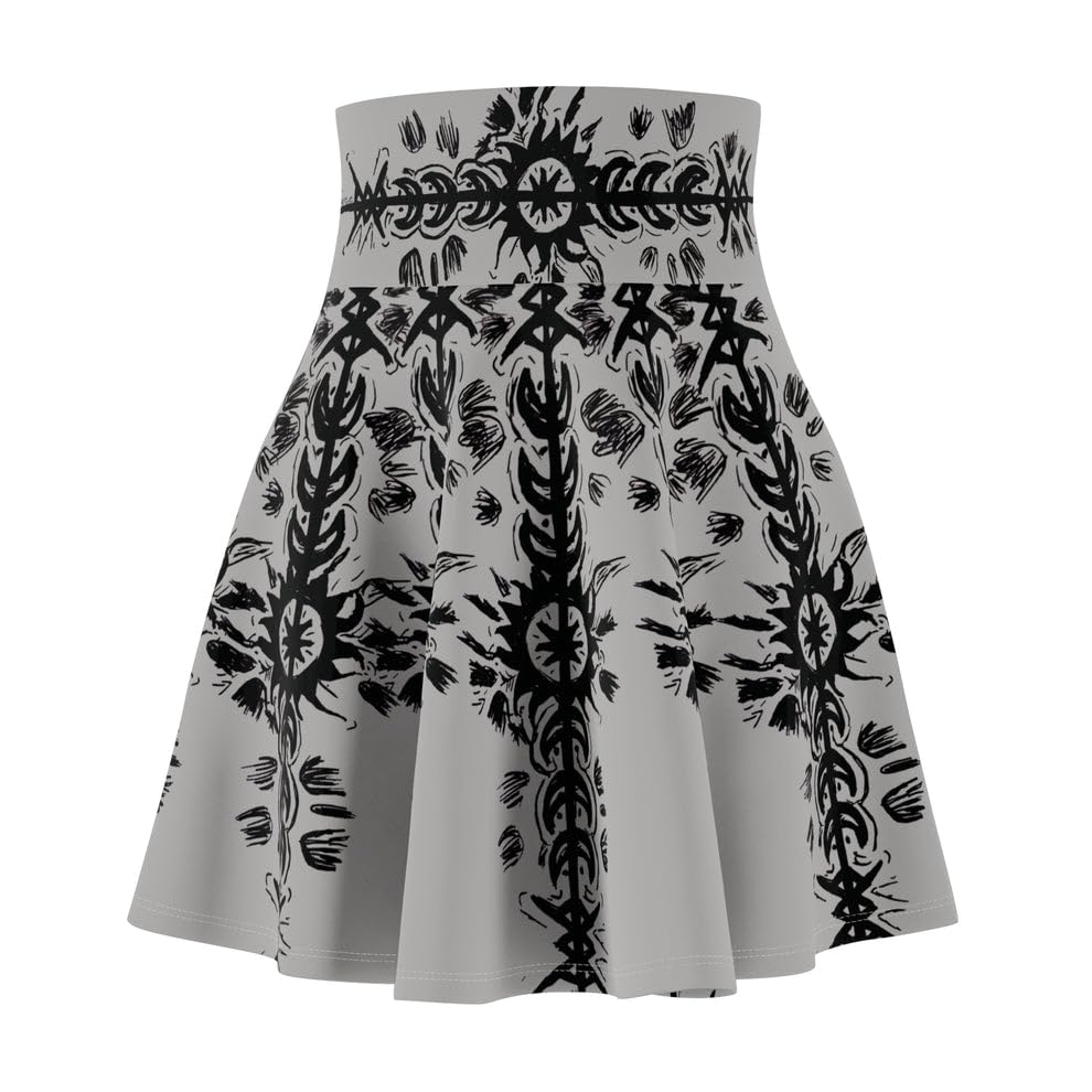 Pale Raven Official Women's Skater Skirt, Large, Grey, 95% Polyester 5% Spandex, Casual, Sun and Moon Hand Sketched Pattern, 15.24 Inch Length