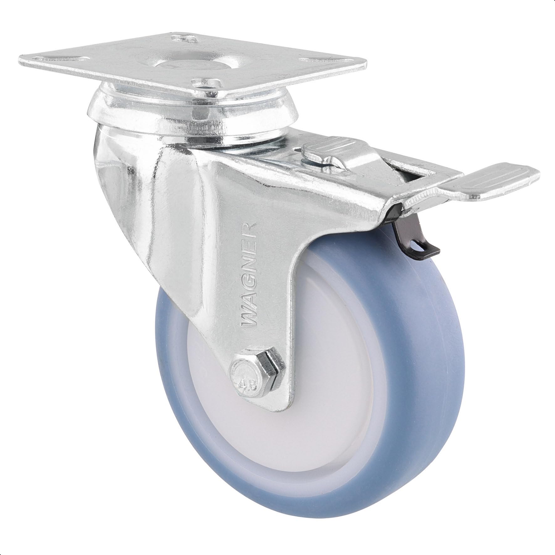 Roulette pivotante souple 100mm avec plaque de fixation et frein