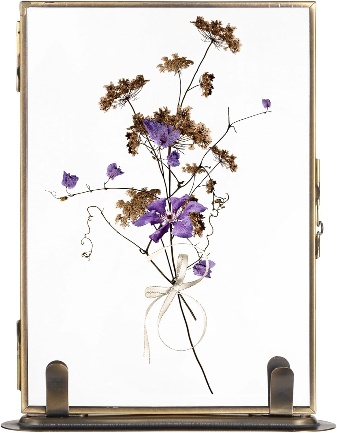 Vintage Floating Glass Frame, Tabletop Floating Picture Frame for Dry Flowers, Double Glass Pressed Flower Display Frame with Metal Base, Shelf Photo Frames for Home Office