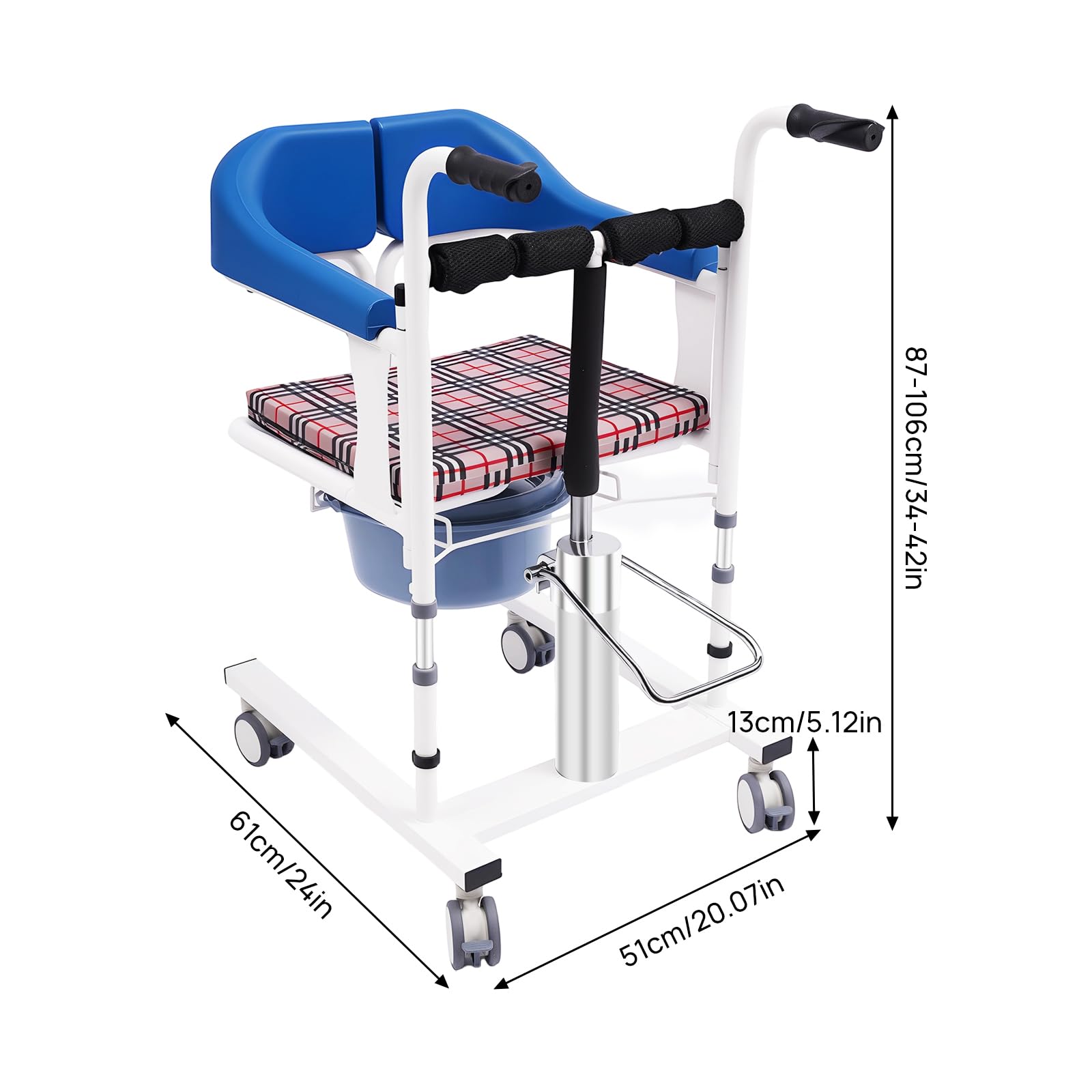 Elevador de pacientes hidráulico, silla de traslado, silla de ducha, asiento de inodoro, apertura de 180°, altura regulable, carga de 90 kg, con orinal, ruedas con frenos, para personas mayores, azul