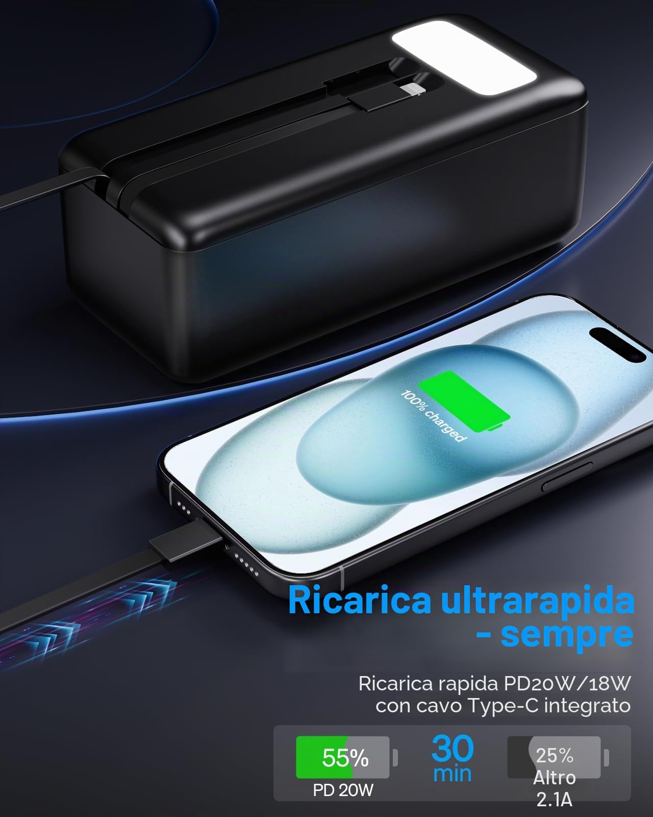 Power Bank da 50000 mAh con cavo integrato: batteria esterna da 22,5 W a ricarica rapida con grande capacità, caricatore portatile con torcia a LED e 7 uscite e 3 ingressi 2 × 25000 mAh
