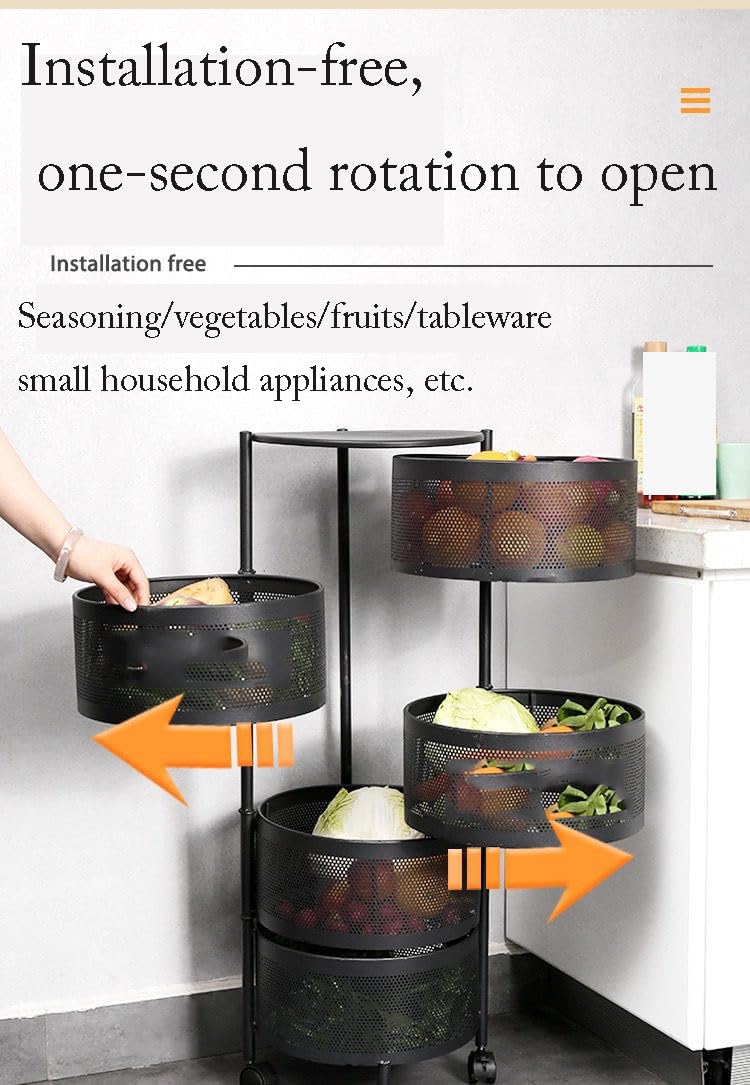 Carrello da pavimento multistrato girevole rimovibile con cestino in rete, traspirante, anti-goccia, carrello portaoggetti per cucina, soggiorno, camera da letto