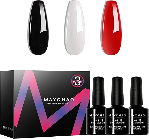 MAYCHAO Gel Nail Polish Essential Set of 3 Colors Including Black White Red Gel Nail Polish Kit