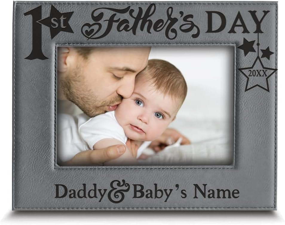 BELLA BUSTA-Personalize First Fathers Day -1stTime Dad Picture Frame- Daddy and Me Frame Engraved Leather Picture Frame (5x 7 Vertical)
