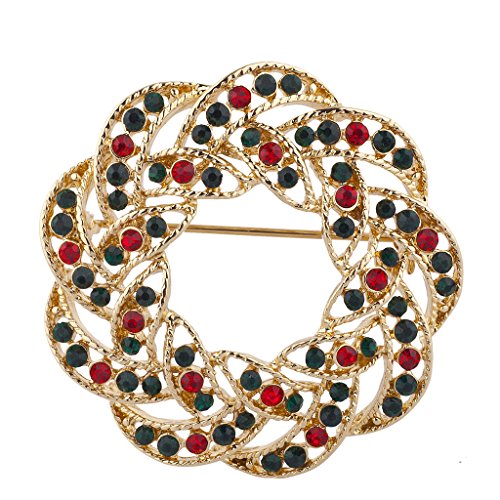 Lux Accessories Gold Tone Green Red Rhinestones Wreath Christmas Xmas Brooch Pin