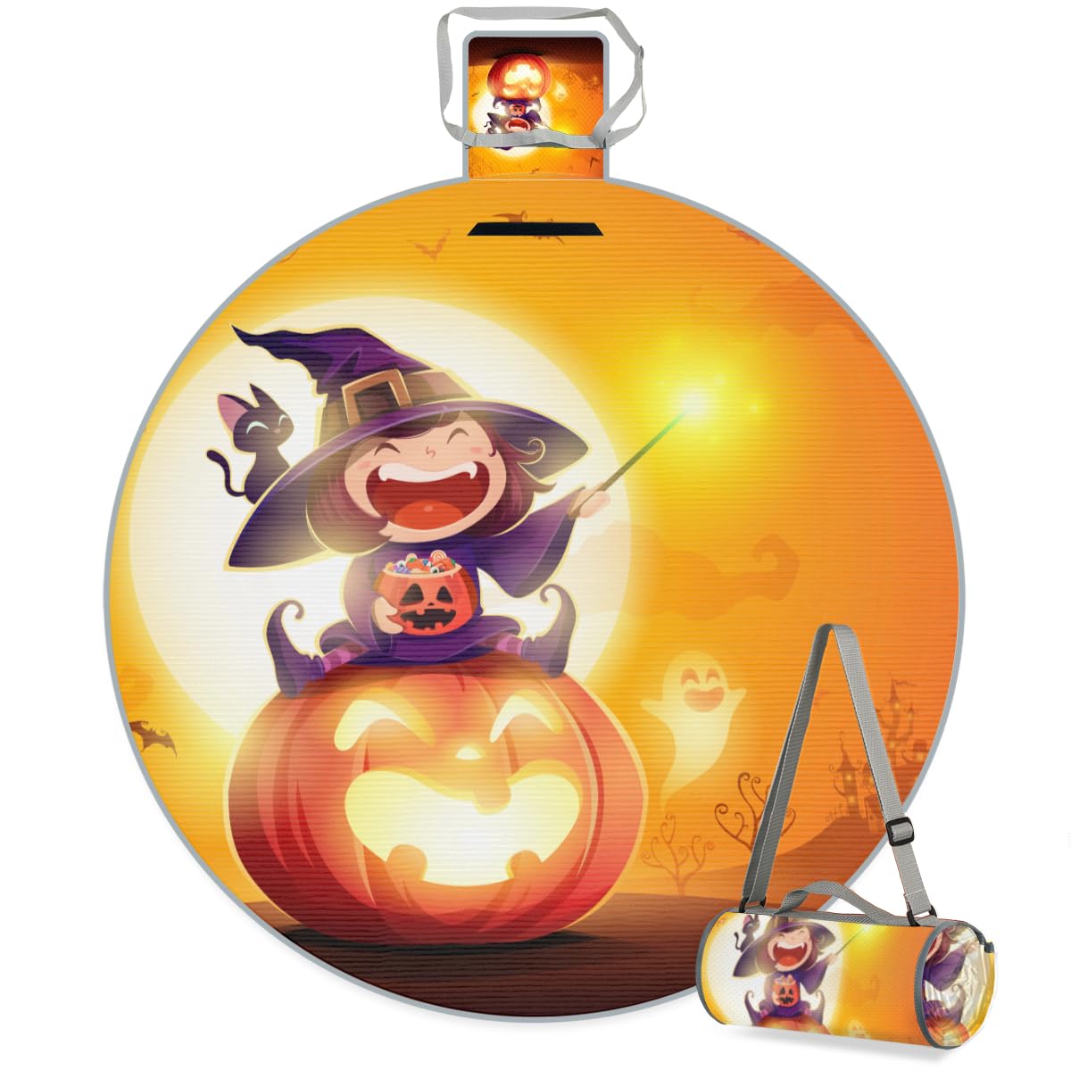 Shimoshe Halloween Little Witch Pumpkin Picnic Outdoor Blanket Foldable Waterproof Sandproof Beach Blanket Portable Water-Resistant Round Picnic Mat for Travel Camping Park Lawn