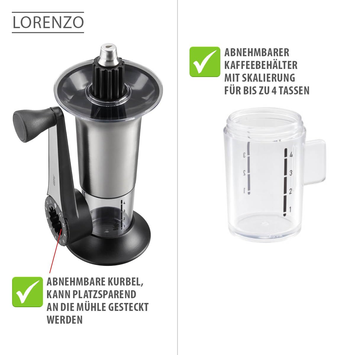GEFU Kaffeemühle LORENZO | Manuelle Kaffeemühle mit Keramikmahlwerk, 11 Mahlstufen & Aromadeckel | Für Espresso, Filterkaffee & French Press | Edelstahl