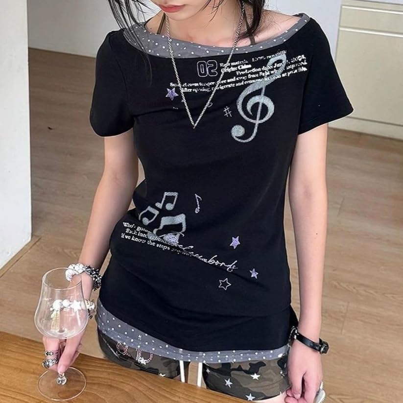 Image of Kawaii Cutecore Harajuku Y2k 2000s Tops Summer Preppy Aesthetic Alt Goth Emo Short Sleeve Graphic Tees