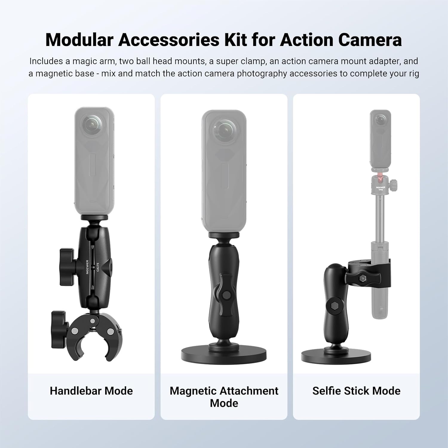 NEEWER Motorcycle Bicycle Handlebar Clamp Holder Magnetic Car Mount Accessories Kit Compatible with Insta360 X5 X4 X3 GoPro DJI AKASO Action Cameras, 360° Ball Heads for POV Video Recording, CA175