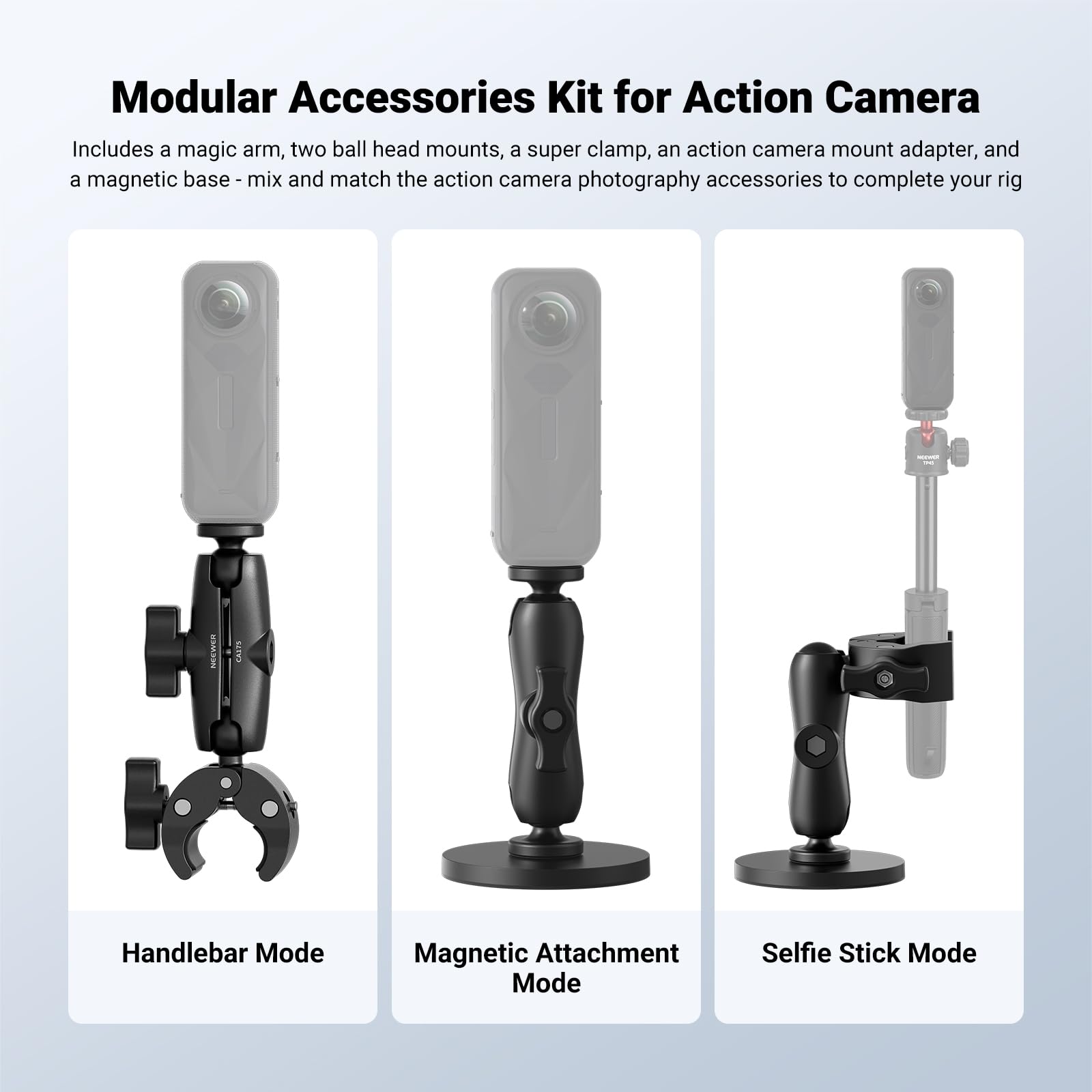 NEEWER Supporto a Morsetto per Manubrio Moto Bici Staffa Magnetica per Auto Kit Accessori Action Cam Compatibile con Insta360 X5 X4 X3 GoPro DJI AKASO, Teste Sfera a 360° per Riprese Video POV, CA175