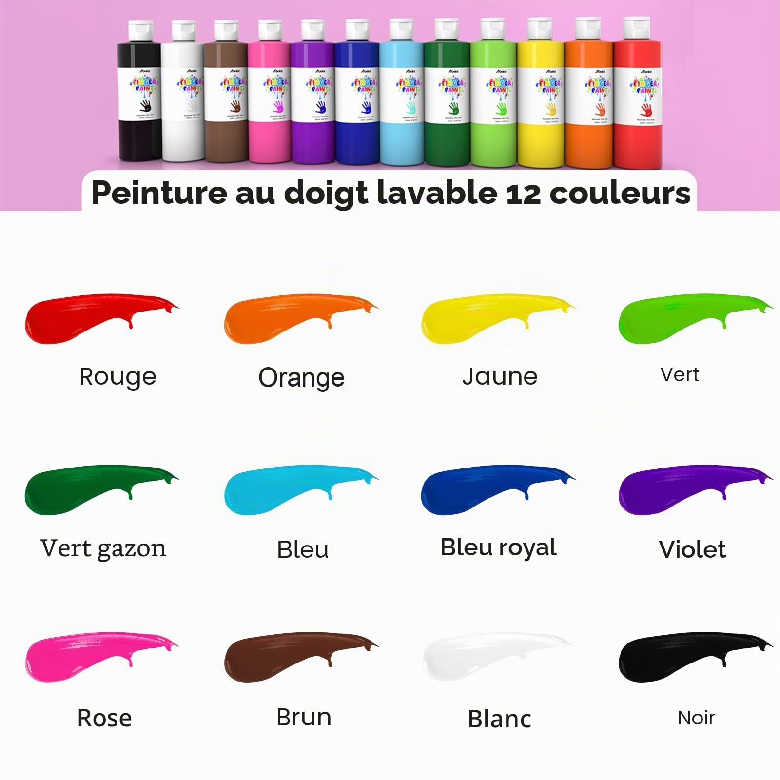 ABEIER Peinture au doigt pour enfants non toxique 250 ml x12, lavable, peinture au doigt pour empreintes, accessoires de peinture sûrs pour la maternelle, l'école, l'apprentissage précoce, le