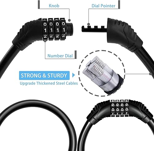 Miniatura 3 de Candado de bicicleta portátil para bicicleta, cable de alta seguridad, bloqueo de bicicleta con códigos de 4 dígitos, ideal para asegurar bicicleta,