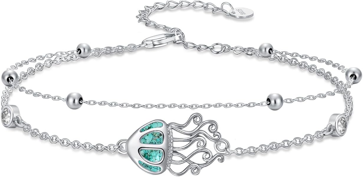 Ocean Sea Animal Bracelets/Anklets for Women 925 Sterling Silver Opal/Turquoise Sea Animal Double Layered Bracelets/Anklets Ocean Beach Themed Jewelry Gifts for Women Her
