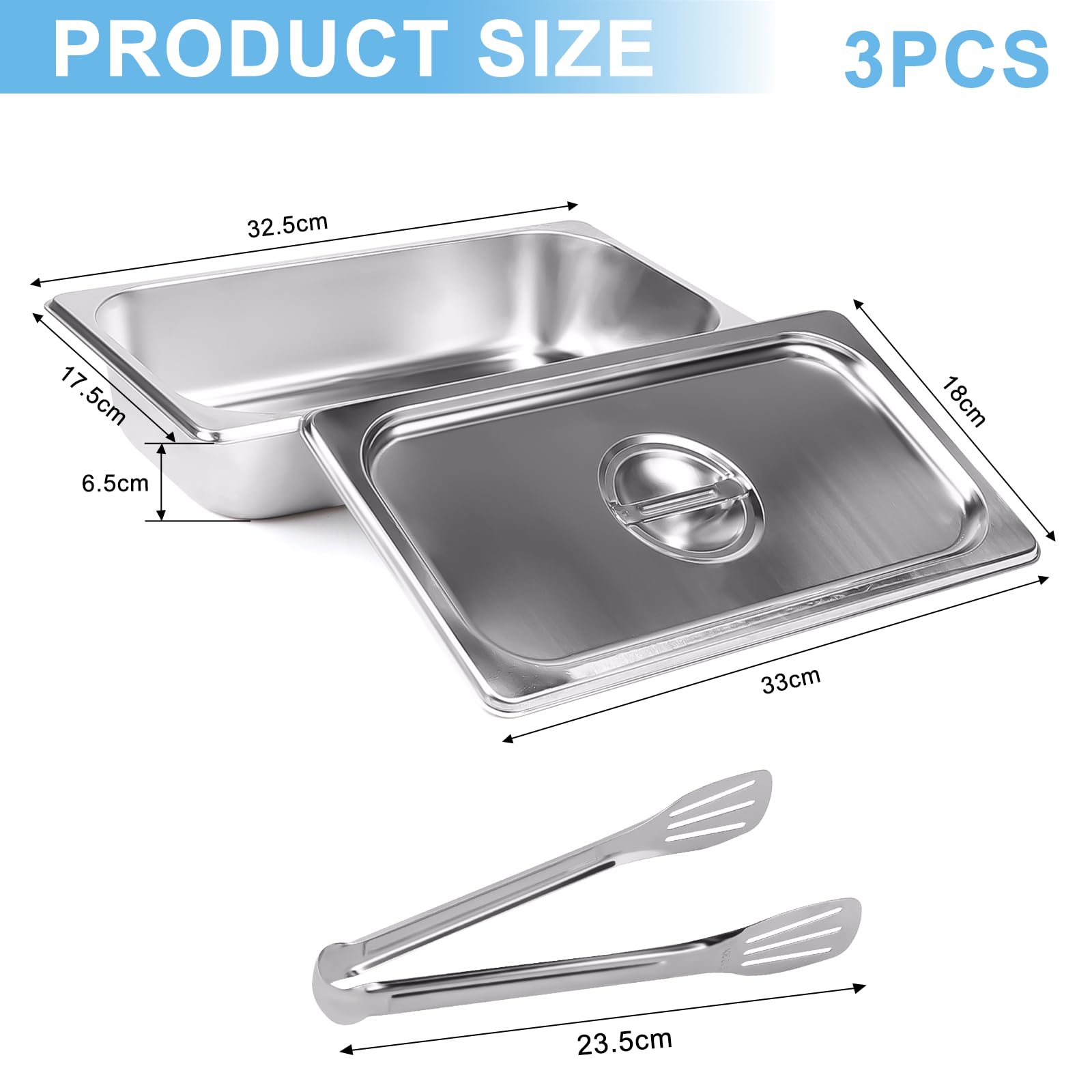 EXLECO Set di 3 Contenitor Rettangolari in Acciaio Inox con Coperchio e Pinze Cucina 32,5 x 17,5 x 6,5 cm Contenitore GN 1/3 Contenitori Gastronorm Acciaio Inox Ciotole Rettangolare per Impanare, Cibo
