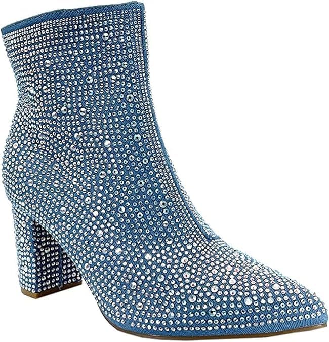 Women Rhinestone Block Chunky Heel Ankle Bootie Iceberg 12 By Forever shoes Blue Denim Size 7.5