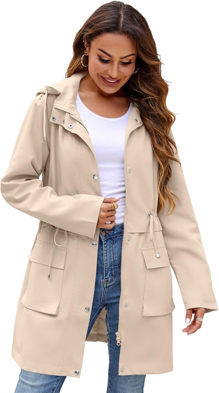 Womens Rain Jacket with Hood, Long Rain Coat for Women Waterproof Trench Coat Lined Windbreaker Fall Jacket - Image 2