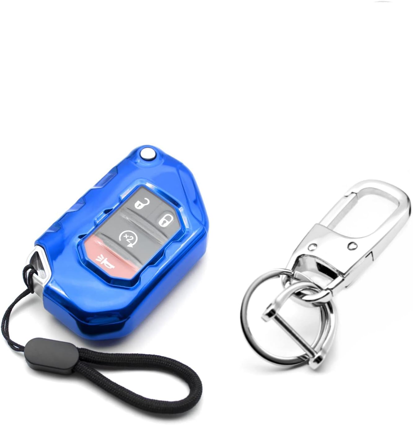 MECHCOS Metal Key Chain and TPU Key Fob Cover Case Fit Jeep Wrangler JL JLU Rubicon Jeep Gladiator JT Sahara JLU OHT1130261 Blue Flip Remote Holder Skin Protector Keyless Entry Sleeve Accessories