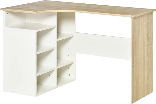 HOMCOM L-Shaped Desk, Corner Computer Desk, Study Table with Storage Shelf Office Home Workstation - Oak Tone and White