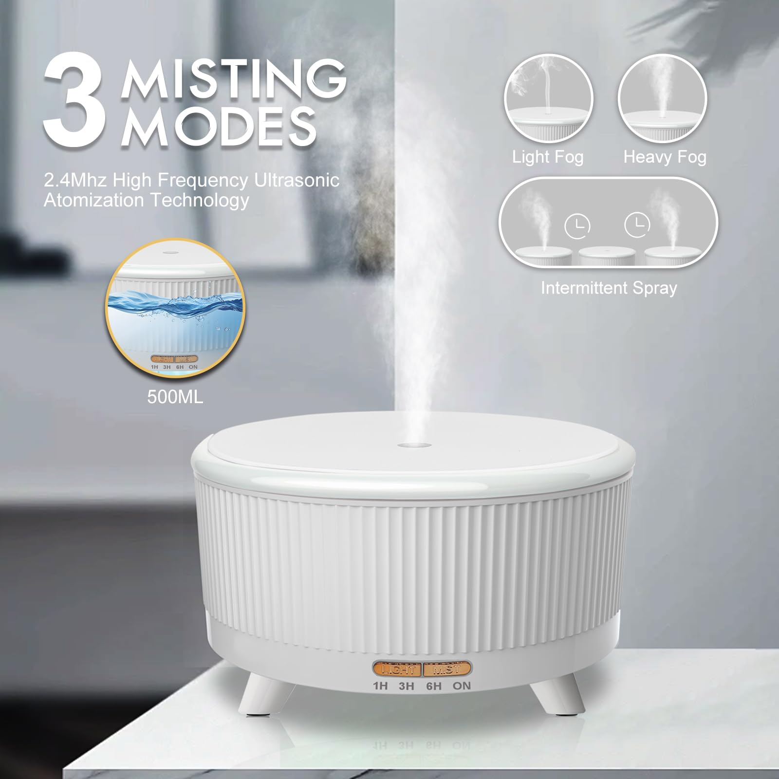 Diffusori per oli essenziali, 500 ml, diffusore per aromaterapia, umidificatore a nebbia fredda con telecomando, 7 luci colorate e 3 modalità nebbia, spegnimento automatico senza acqua, per donne