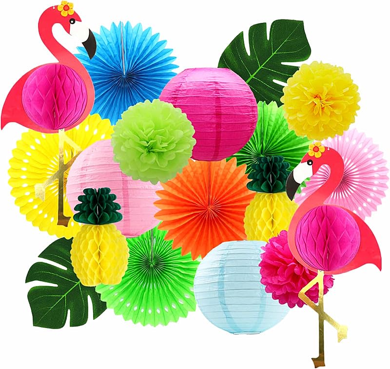 Flamingo Party Honeycomb Decoration, Hanging Paper Fan, Palm Leaf , Pineapple Paper lanternFiesta Party Supplies, Tissue Paper Flowers for Hawaiian Beach Luau Party Birthday Wedding Photo Backdrop