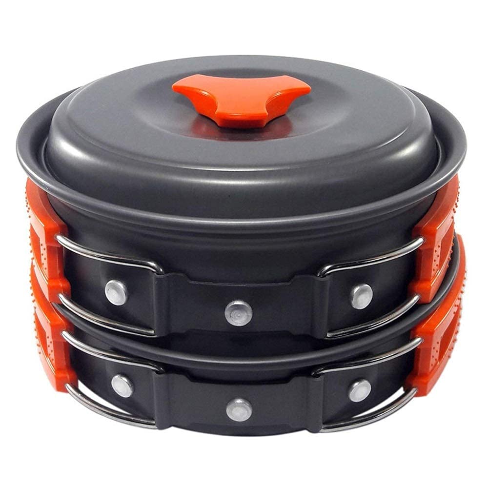PURRL Camping-Kochgeschirr-Set 2-Personen-Campingausrüstung, Lagerfeuer-Utensilien, Antihaft-Kochen, leicht, stapelbar, Topf, Pfanne, Schalen, Aufbewahrungstasche (Color : A) Little Surprise