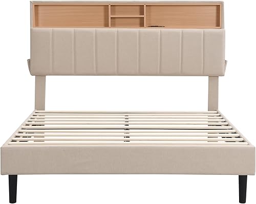 Miniatura 4 de Quarte Cama de plataforma tapizada de tela de lino retro de tamaño matrimonial con puerto USB, estantes de almacenamiento y cabecera ajustable, para