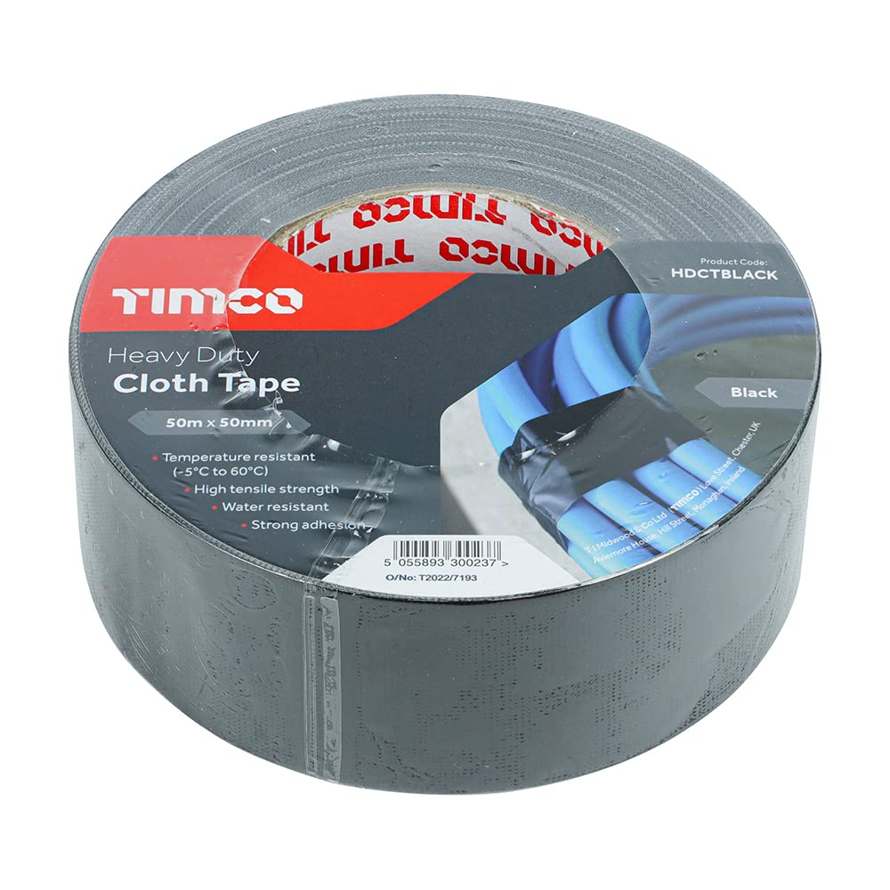 Timco Heavy Duty Cloth Tape Black 50mx50mm Multi Purpose High Strength Resistant