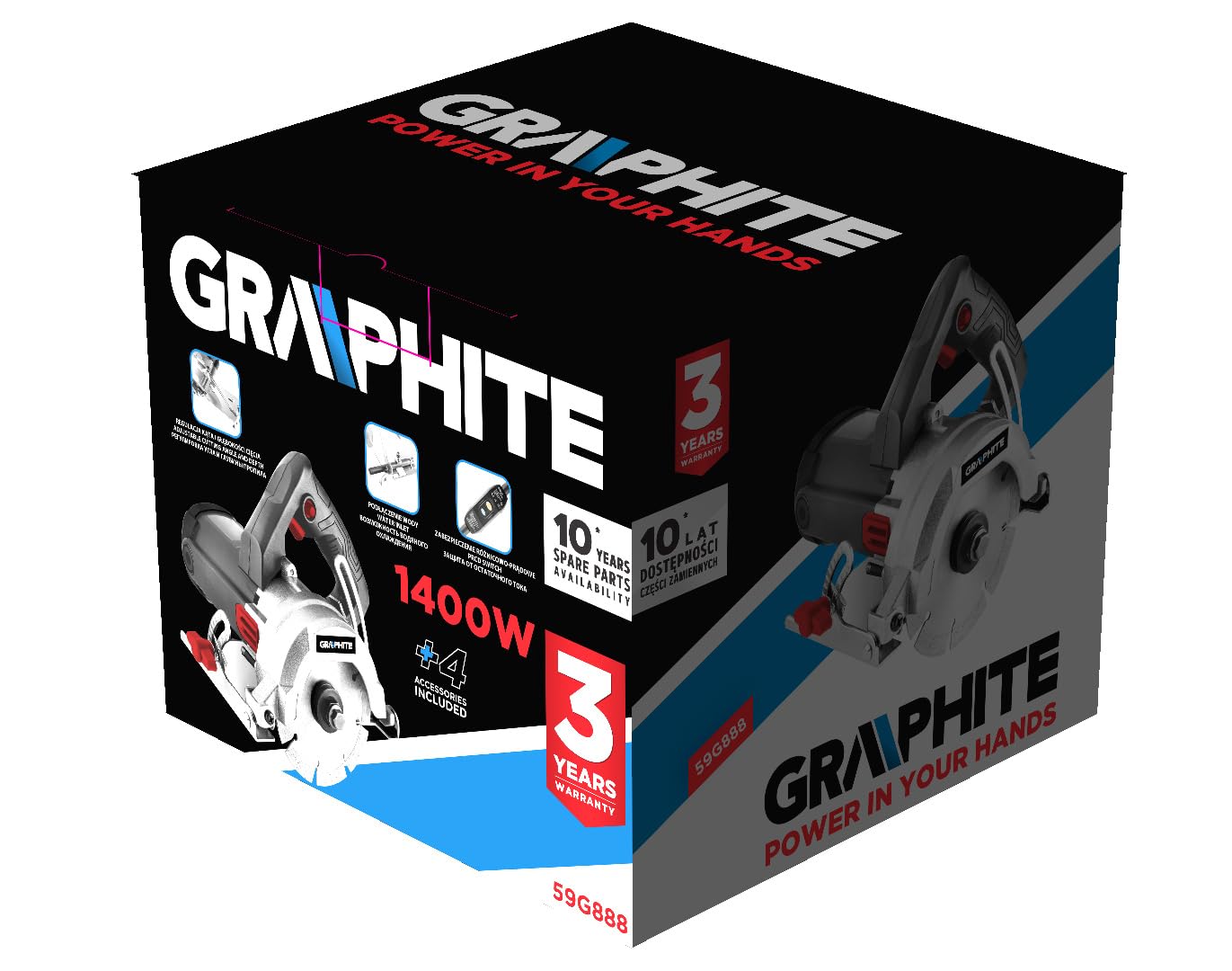 GRAPHITE Taglierina per gres porcellanato e pietra 1400 W, 125 mm; taglio a umido e a secco; set di collegamento dell'acqua; regolazione dell'angolo 0-45°; regolazione della profondità di taglio; lama