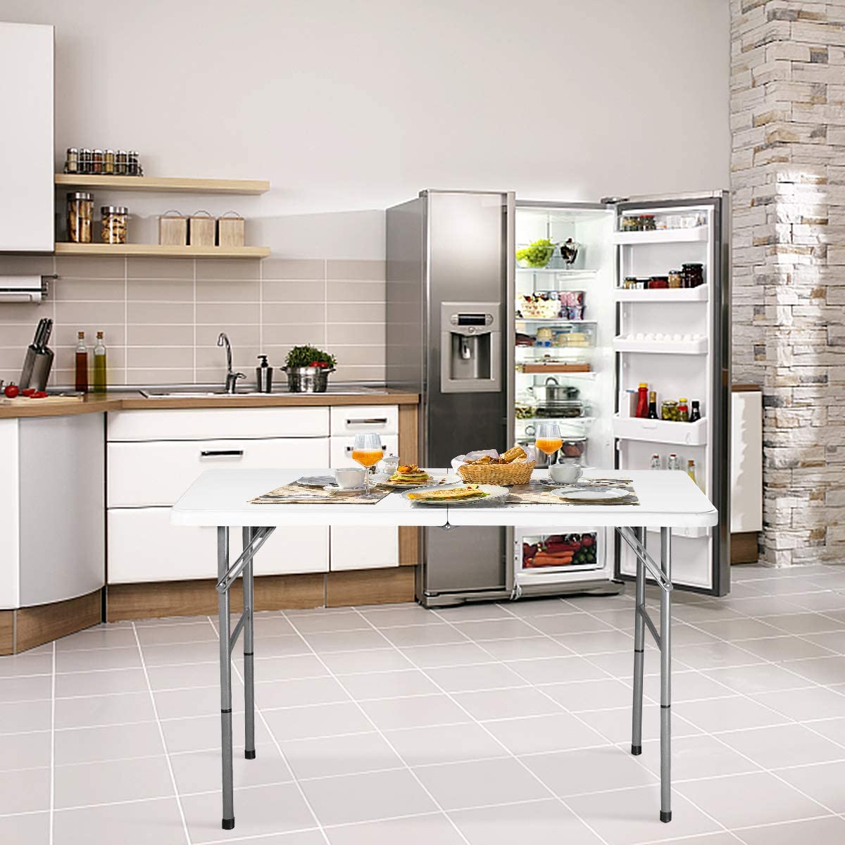 RELAX4LIFE 2 in 1 Tavolo Pieghevole da Campeggio, Richiudibile con Maniglia, 120x60cm, Altezza Regolabile 48,5/62/74,5cm, Portatile Tavolino per Picnic, Giardino, Barbecue, Portata 150kg, HDPE/Metallo