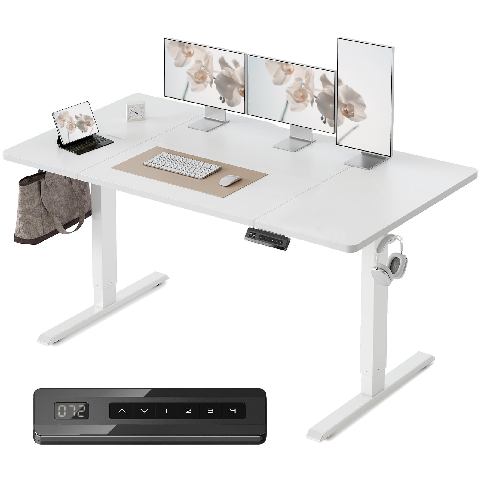 Cubiker Electric Standing Desk Height Adjustable For Gaming and Computer, 160 x 80cm Sit Stand Electric Home Office Desk with Memory Smart Pannel, 4 Pieces Splice Board, White