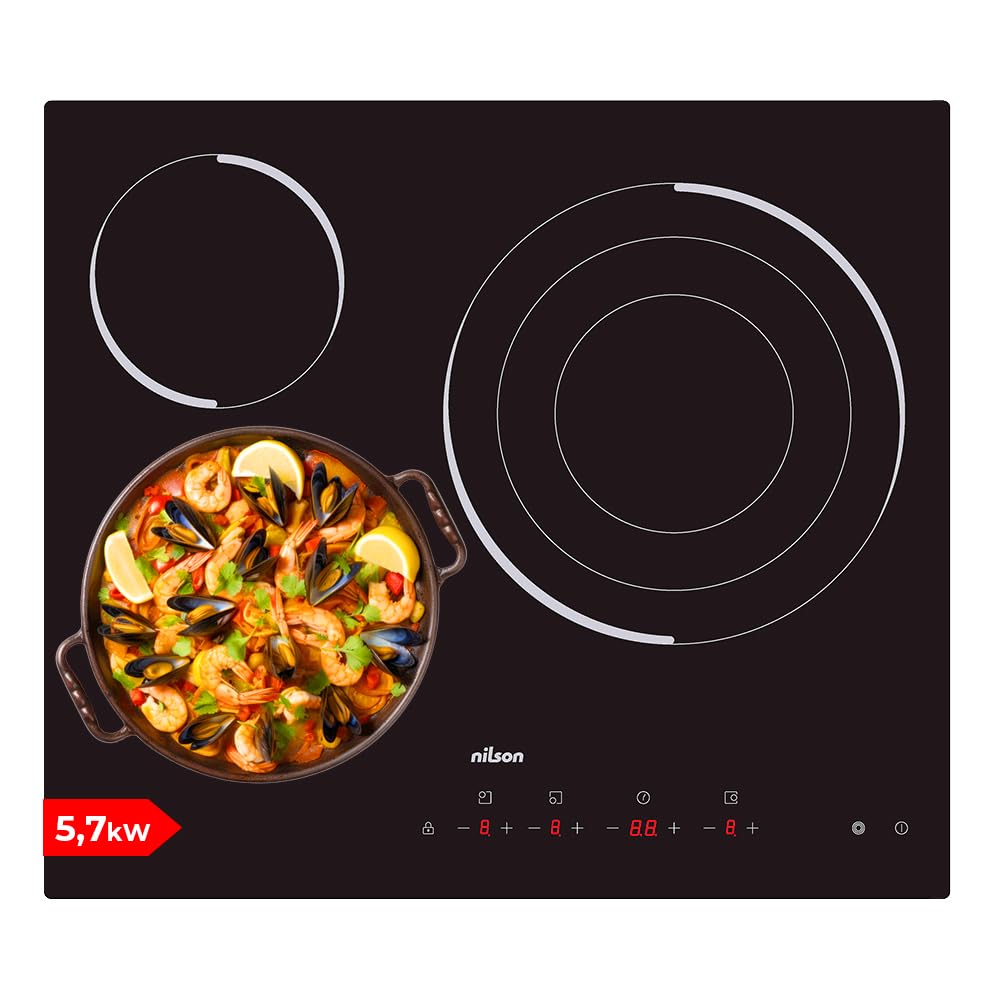 Nilson Placa Vitrocerámica Cristal Negro NV3600. Potencia máx. 5700 W, 3 Zonas de Cocción, 9 Niveles de Cocción, Control Táctil, Bloqueo y Autodesconexión de Seguridad
