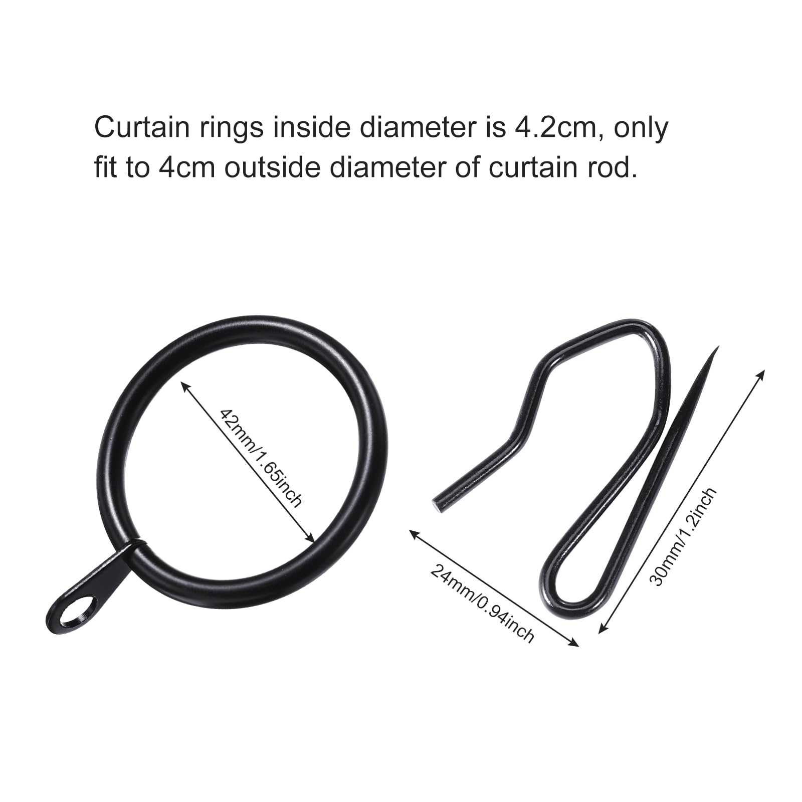 Hotop Lot de 60 anneaux de rideau en métal et 60 crochets en métal pour fenêtre, porte de douche, rideau de douche (noir, 4,1 cm)